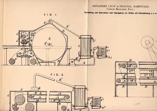 Original Patentschrift - Alexander Gray in Frognal , Hampstead , 1894 , Impregnation of fabrics with celluloid , London