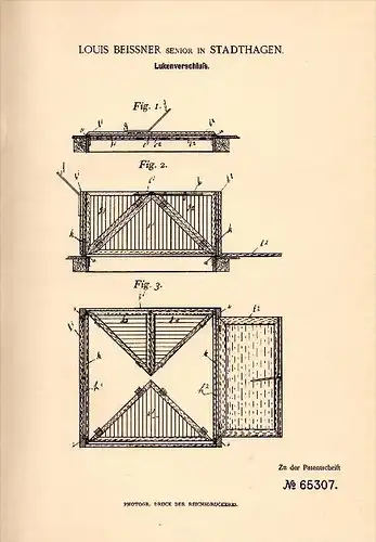 Original Patentschrift - Louis Beissner in Stadthagen b. Schaumburg , 1892 , Lukenverschluß , Hochbau , Bau !!!