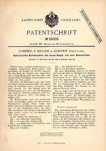 Original Patentschrift -  P. Higgins in Kilbowie , Scotland , 1892 , riveting machine !!!