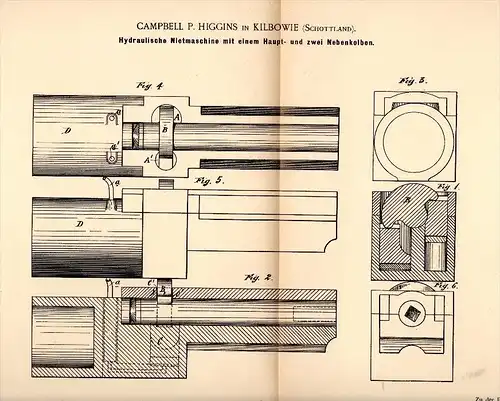 Original Patentschrift -  P. Higgins in Kilbowie , Scotland , 1892 , riveting machine !!!