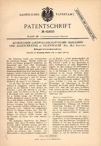 Original Patentschrift - Maschinen und Ackergeräthefabrik in Regenwalde / Resko , 1888 , Düngerstreumaschine !!!