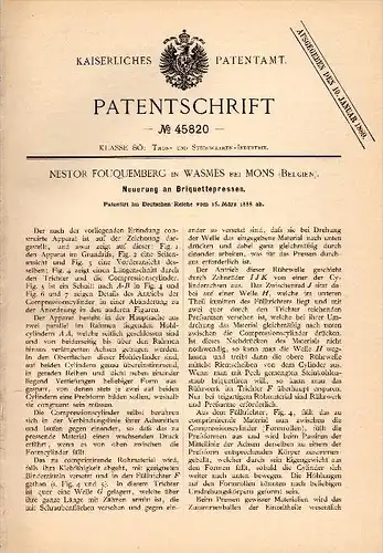Original Patentschrift - N. Fouquemberg in Wasmes b. Mons , 1888 , Brikettpresse , Presse , Kohle !!!