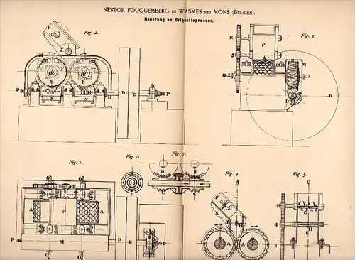 Original Patentschrift - N. Fouquemberg in Wasmes b. Mons , 1888 , Brikettpresse , Presse , Kohle !!!