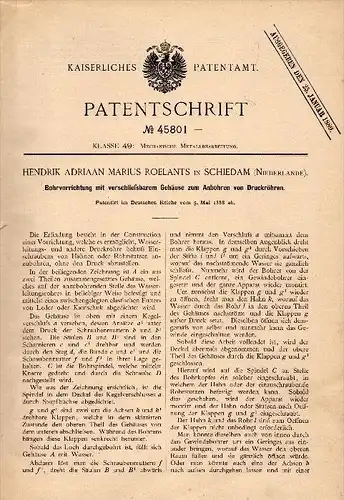 Original Patentschrift - H.A. Roelants in Schiedam , 1888 , Bohrapparat für Druckrohre , Wasserleitung !!!