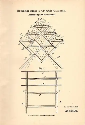 Original Patentschrift - Heinrich Eiben in Wiarden / Wangerland , 1891 , Gestell für Blumen , Floristik , Flora !!!