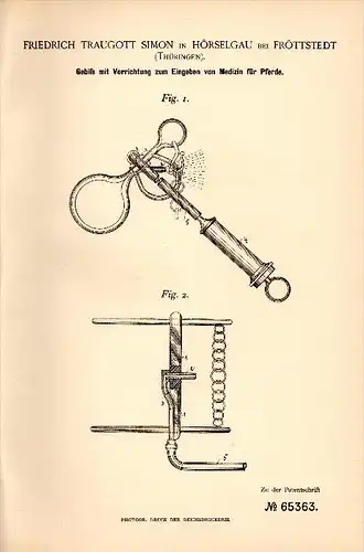 Original Patentschrift - F. Traugott Simon in Hörselgau bei Fröttstedt , 1892 , Medizin - Apparat für Pferde , Hörsel !!