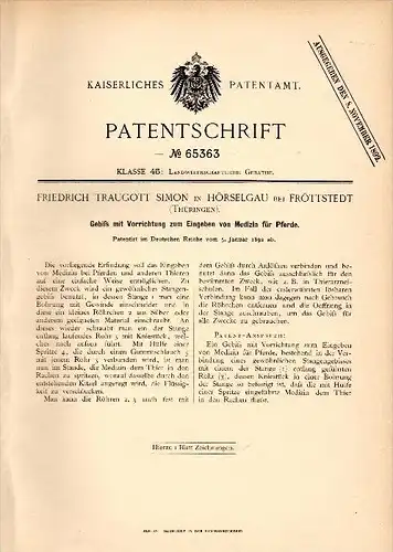 Original Patentschrift - F. Traugott Simon in Hörselgau bei Fröttstedt , 1892 , Medizin - Apparat für Pferde , Hörsel !!