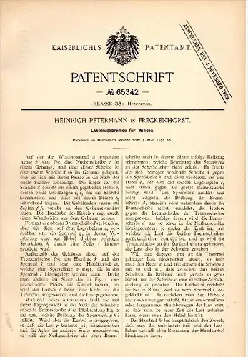 Original Patentschrift - H. Petermann in Freckenhorst b. Warendorf , 1892 , Lastdruckbremse für Winden , Kran , Bau !!!
