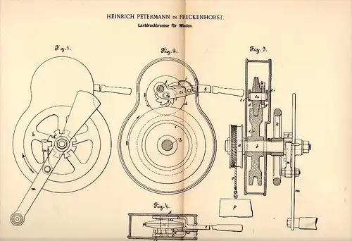 Original Patentschrift - H. Petermann in Freckenhorst b. Warendorf , 1892 , Lastdruckbremse für Winden , Kran , Bau !!!