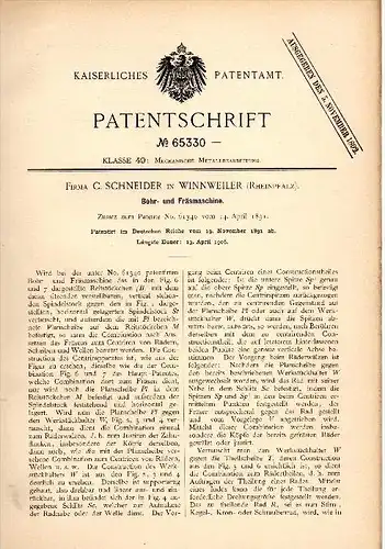 Original Patentschrift - C. Schneider in Winnweiler , Rheinpfalz , 1891 , Bohr- und Fräsmaschine , Metallbau !!!