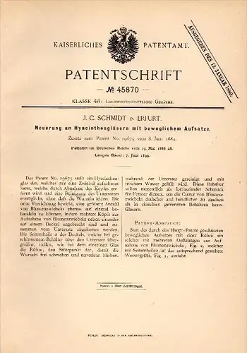 Original Patentschrift - J.C. Schmidt in Erfurt , 1888 , Gläser für Hyacinthen mit Aufsatz , Hyacinthe !!!