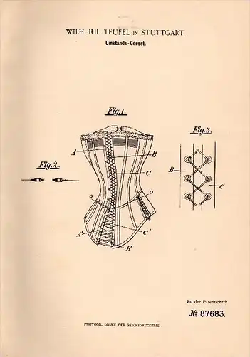 Original Patentschrift - W.J. Teufel in Stuttgart , 1895 , Umstands - Corset , Korsett , Corsetto !!!