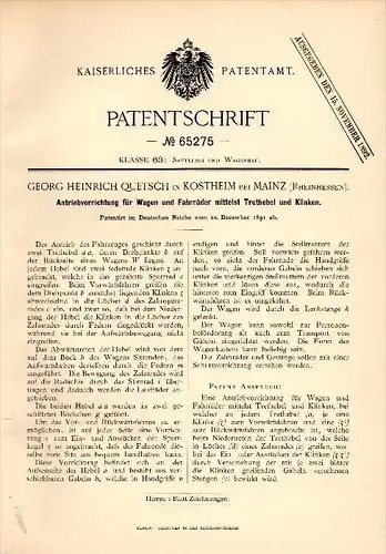 Original Patentschrift - G.H. Quetsch in Kostheim b. Mainz , 1891 , Antrieb für Wagen und Fahrrad , Fahrräder !!!