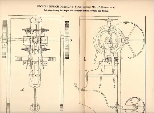 Original Patentschrift - G.H. Quetsch in Kostheim b. Mainz , 1891 , Antrieb für Wagen und Fahrrad , Fahrräder !!!