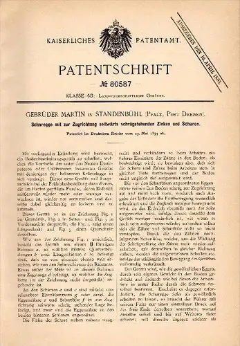 Original Patentschrift - Gebr. Martin in Standenbühl b. Göllheim , Pfalz , 1894 , Scharegge , Landwirtschaft , Dreisen !