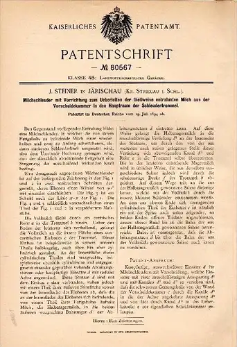 Original Patentschrift - J. Steiner in Järischau / Jaroszów i. Schlesien , 1894, Milchschleuder , Milch , Landwirtschaft