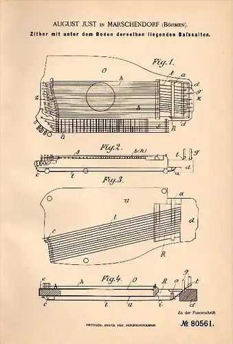 Original Patentschrift - August Just in Marschendorf / Horní Maršov , 1894 . Zither mit Maßsaiten , Böhmen !!!