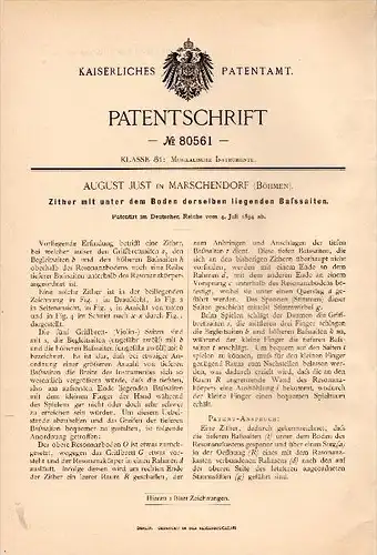 Original Patentschrift - August Just in Marschendorf / Horní Maršov , 1894 . Zither mit Maßsaiten , Böhmen !!!