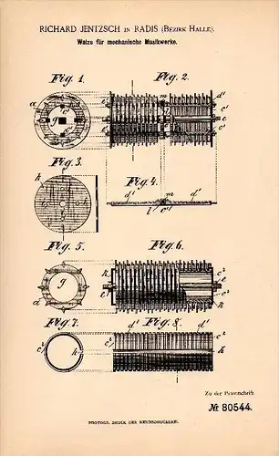 Original Patentschrift - Richard Jentzsch in Radis b. Kemberg , 1894 , Walze für Musikwerke , Musik , Bezirk Halle !!!