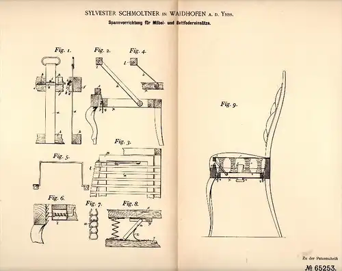 Original Patentschrift - Sylvester Schmoltner in Waidhofen a.d. Ybbs , 1891 , Spannapparat für Möbel !!!