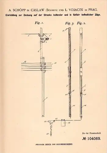 Original Patentschrift - A. Schöpp in Caslav / Czaslau , 1898 , Eisenbahn - Sicherheitseinrichtung , L. Vojacek in Prag