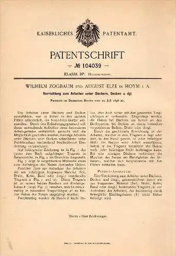 Original Patentschrift - W. Zogbaum und A. Elze in Hoym b. Seeland , 1898 , Dachdecker - Vorrichtung , Dach , Hausbau !