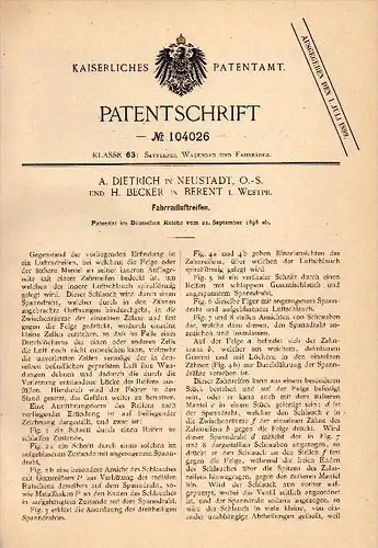 Original Patentschrift -  H. Becker in Berent / Ko&#347;cierzyna und Neustadt / Prudnik , 1898 , Fahrrad - Luftreifen !!