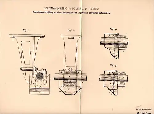 Original Patentschrift - Ferdinand Petio in Politz a.M. / Police nad Metují , 1898 , Schmiervorrichtung , Maschinenbau