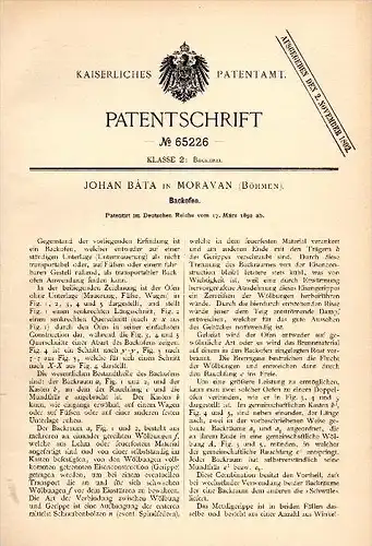 Original Patentschrift - Johan Báta in Moravan / Moravany nad Váhom , 1892 , Backofen , Bäckerei , Bäcker , Böhmen !!!