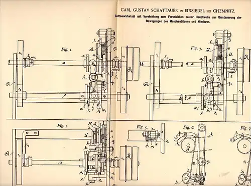 Original Patentschrift - Carl Gustav Schattauer in Einsiedel b. Chemnitz , 1891 , Cotton - Wirkstuhl , Strickerei !!!