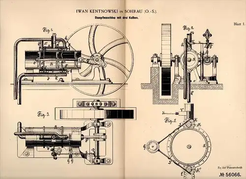 Original Patentschrift - Iwan Kentnowski in Sohrau / Zory , 1890 , Dampfmaschine mit drei Kolben , Schlesien !!!