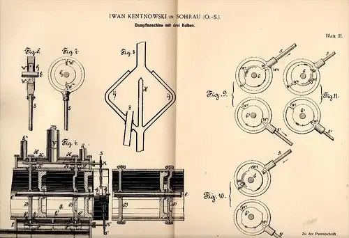 Original Patentschrift - Iwan Kentnowski in Sohrau / Zory , 1890 , Dampfmaschine mit drei Kolben , Schlesien !!!