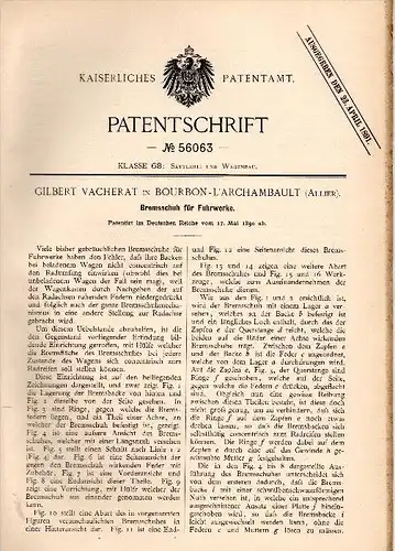 Original Patentschrift - G. Vacherat dans Bourbon l’ Archambault , Allier , 1890 , Frein pour wagon , voiture , taxi !!!