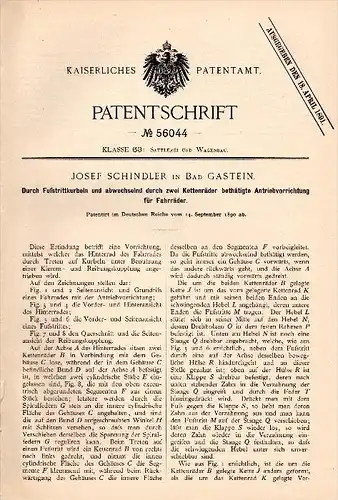 Original Patentschrift - Josef Schindler in Bad Gastein , 1890 , Antrieb für Fahrrad , Fahrräder , Bicycle !!!