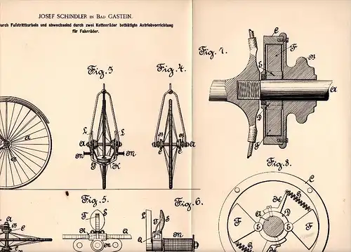 Original Patentschrift - Josef Schindler in Bad Gastein , 1890 , Antrieb für Fahrrad , Fahrräder , Bicycle !!!