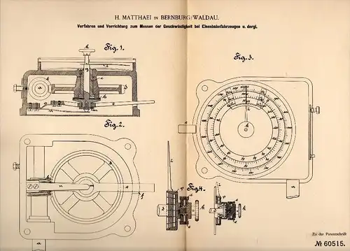 Original Patentschrift - H. Matthaei in Bernburg / Waldau , 1891 , Eisenbahn - Geschwindigkeitsmesser !!!