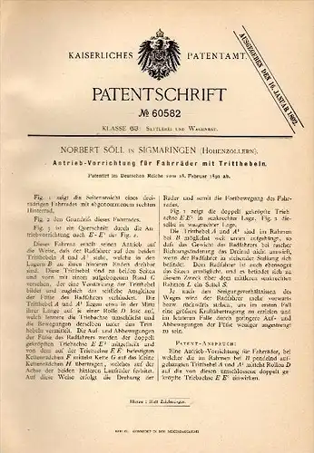 Original Patentschrift - Norbert Söll in Sigmaringen , Hohenzollern , 1891 , Antrieb für Fahrrad , Dreirad , Bicycle !!