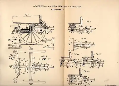 Original Patentschrift - Agathe Freiin von Münchhausen in Hannover , 1890 , Wagenbremse , Fuhrwerk , Kutsche !!!
