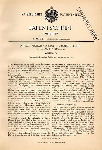 Original Patentschrift - A. Breinl und R. Fuchs in Graslitz / Kraslice , 1891 , Aeolsharfe , Harfe , Musikinstrument !!