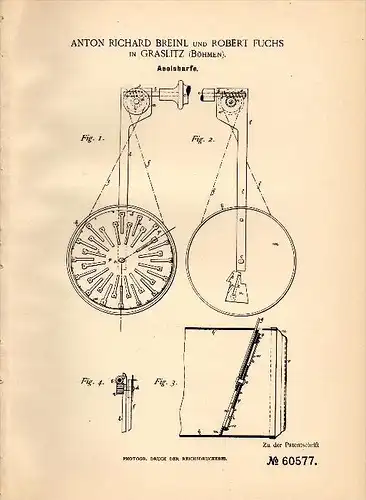 Original Patentschrift - A. Breinl und R. Fuchs in Graslitz / Kraslice , 1891 , Aeolsharfe , Harfe , Musikinstrument !!