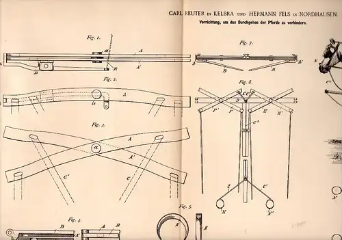 Original Patentschrift -  Carl Reuter in Kelbra und H. Fels in Nordhausen , 1891 , Apparat für Pferde , Pferd !!!