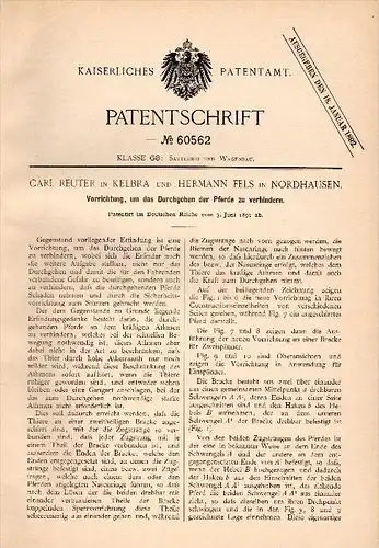 Original Patentschrift -  Carl Reuter in Kelbra und H. Fels in Nordhausen , 1891 , Apparat für Pferde , Pferd !!!