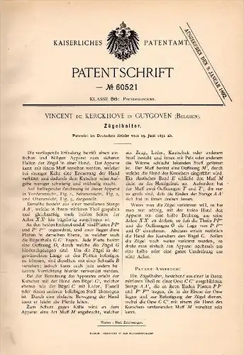 Original Patentschrift - Vincent de Kerckhove in Guigoven b. Kortessem , 1891 , Zügelhalter für Pferde , Pferd !!!