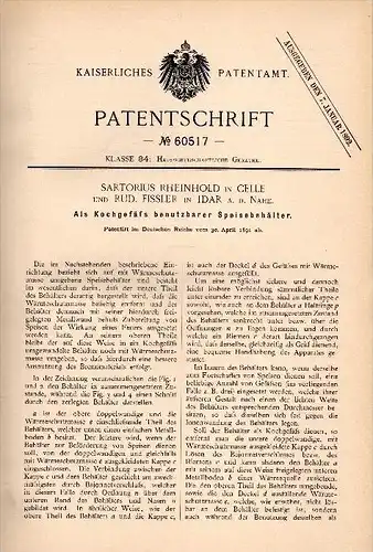 Original Patentschrift - S. Rheingold in Celle und R. Fissler in Idar a.d. Nahe , 1891 , Speisebehälter als Kochgefäß !!
