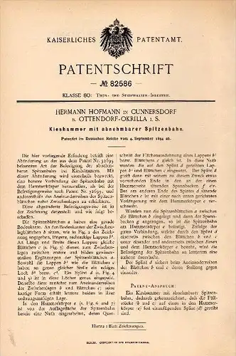 Original Patentschrift -H. Hofmann in Cunnersdorf b. Ottendorf - Okrilla i.S , 1894 , Kieshammer , Kies , Thon !!!