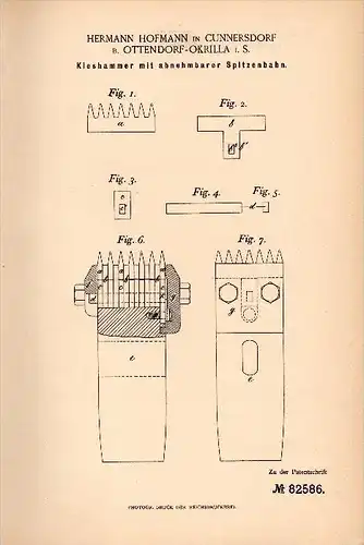 Original Patentschrift -H. Hofmann in Cunnersdorf b. Ottendorf - Okrilla i.S , 1894 , Kieshammer , Kies , Thon !!!