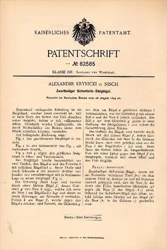 Original Patentschrift - Alexander Krynicki in Nisch / Niš , 1894 , Sicherheits - Steigbügel , Reitunfall , Pferde !!!