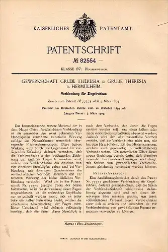 Original Patentschrift - Gewerkschaft Grube Theresia b. Hermülheim / Hürth , 1894, Verblendung für Ziegel - Rohbau , Bau