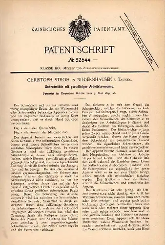 Original Patentschrift - Ch. Stroh in Niederhausen i. Taunus , 1894 , Schrotmühle , Mühle , Müller , Landwirtschaft !!!