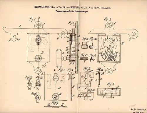 Original Patentschrift - Th. Milota in Taus / Domažlice , 1895 , Plombe für Eisenbahn , Waggon , Prag / Praha !!!